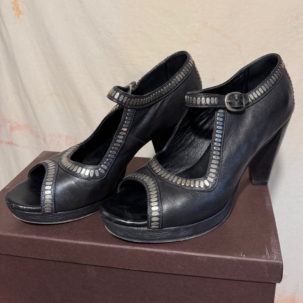 Calleen Cordero Handmade Leather Black Strap Open Toe Heels w/ Nickel Metal Art